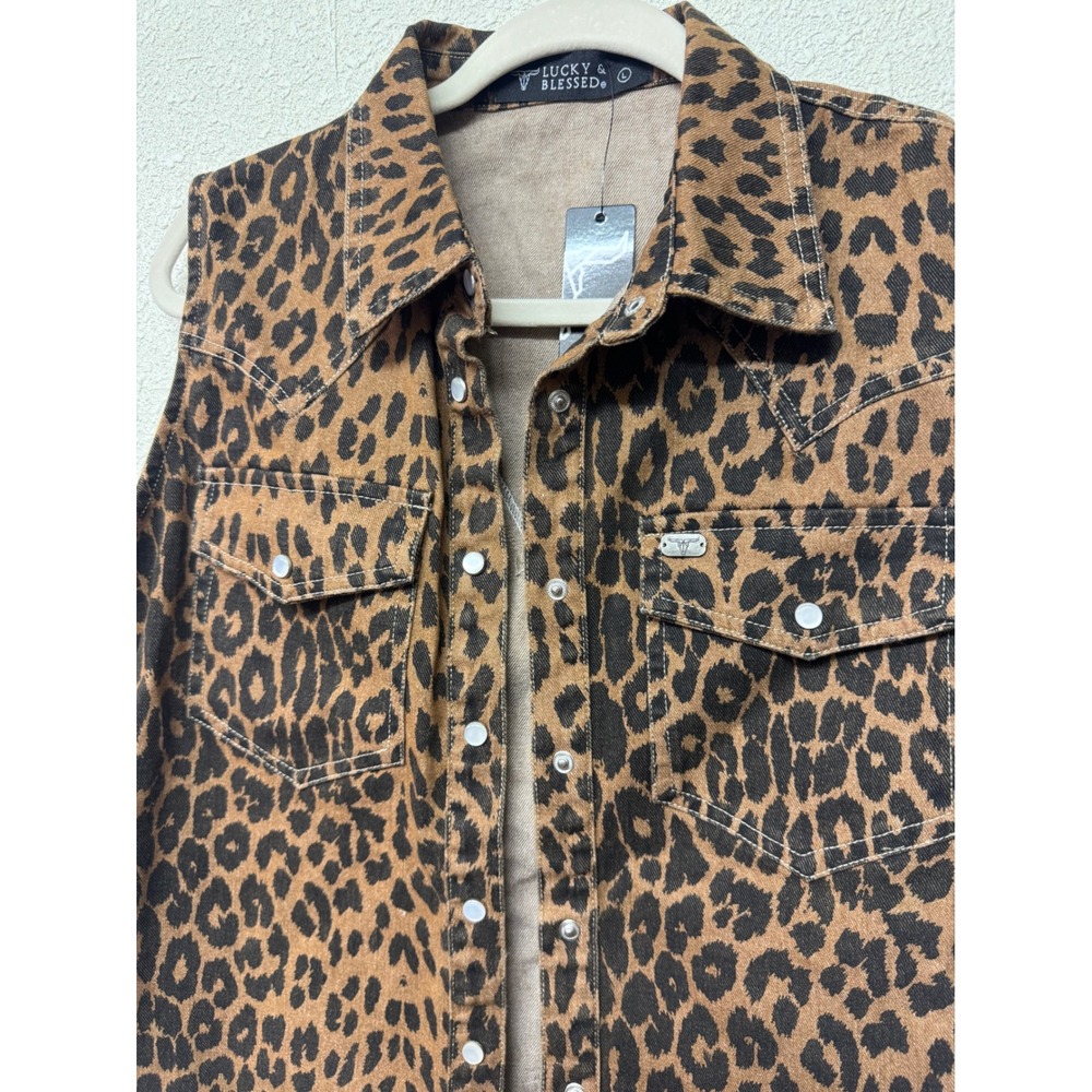 Lucky & Blessed Leopard Denim Vest Womens L Western Cowgirl Pearl Snap NWT